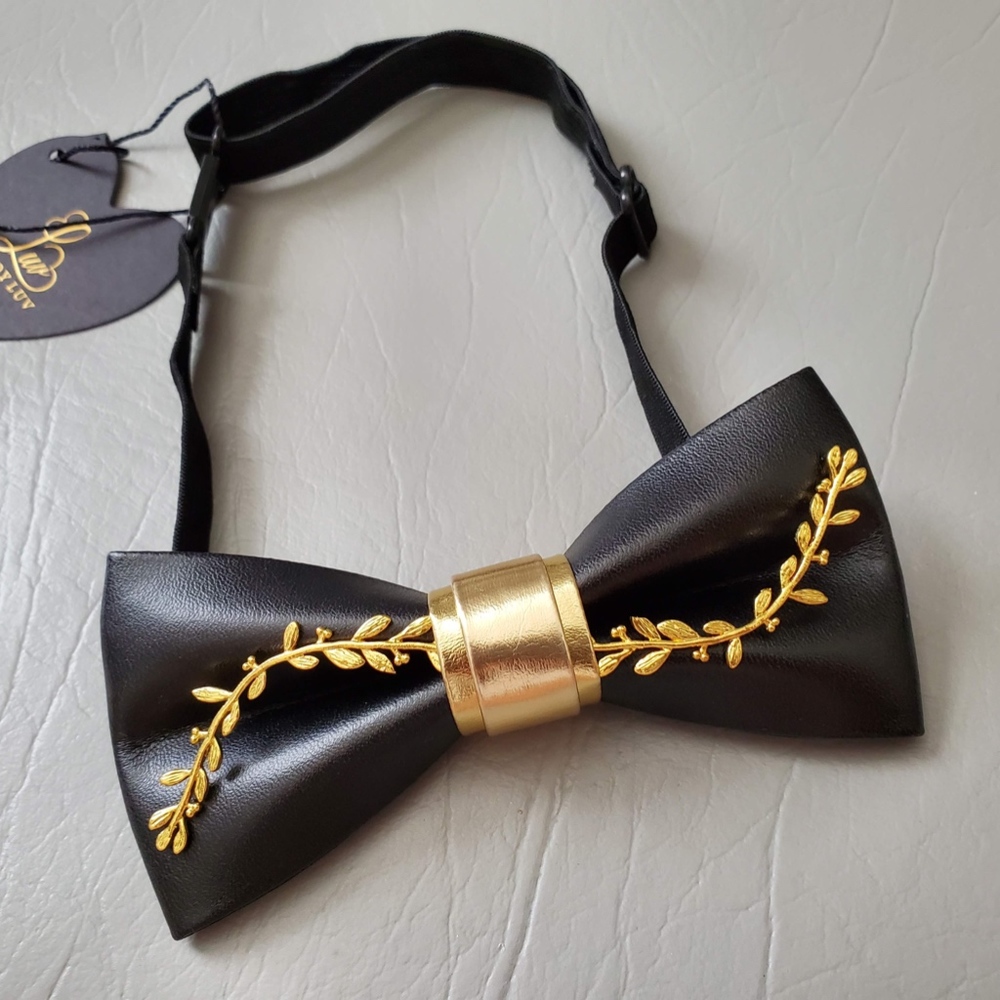 NEW Leather Metal Leaf Evening Wedding Bow Tie